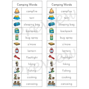 Writing Center Word List ~ Camping Words by Erin Thomson's Primary