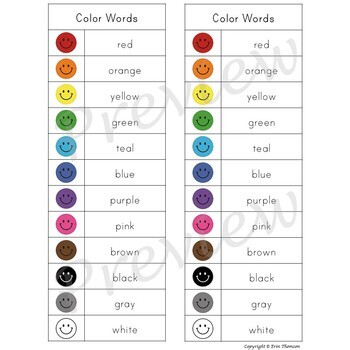 Writing Center Word List ~ Color Words by Erin Thomson's Primary Printables
