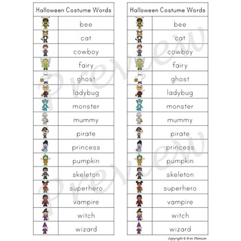 Writing Center Word List ~ Halloween Costume Words  TpT
