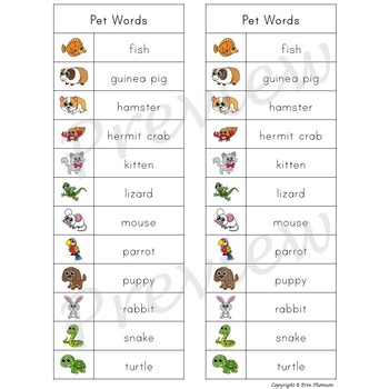 Writing Center Word List ~ Pet Words by Erin Thomson's Primary Printables