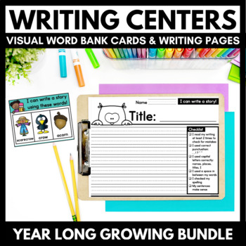 Preview of Writing Center Year Long Growing Bundle - Visual Word Bank Cards & Writing Pages