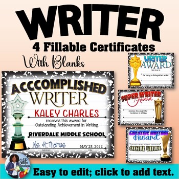 Preview of Writing Awards Certificates Set {Fillable}