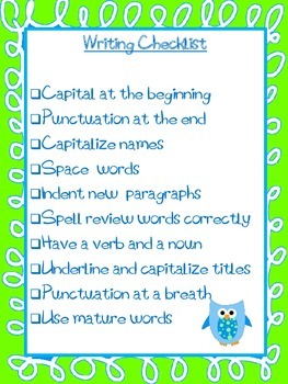 Preview of Writing Checklist - Black and White, Blue/Green with Owls