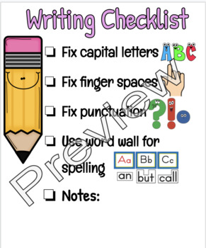 Writing Checklist Note for Writers Workshop and Revision / Edits