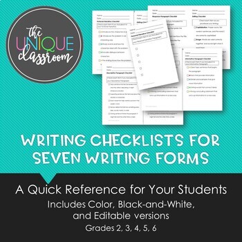 Preview of Writing Checklists for Seven Forms of Writing