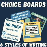 Writing Choice Boards 6 Genres Middle School Digital No Pr