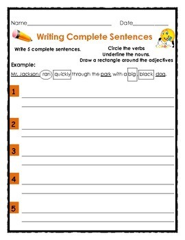 Writing Complete Sentences with Nouns, Verbs and Adjectives | TpT