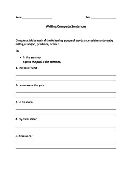 Writing Complete Sentences worksheet by The Differentiation Shop