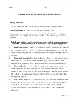 Preview of Writing Concise Sentences (grades 3-12, lesson and practice sheets)
