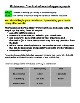Preview of Writing Conclusions / Concluding Paragraphs - Mini-Lesson & Handout
