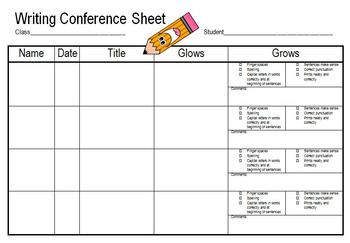 Preview of Writing Conference Sheet for student or class with check list of grows/ comments