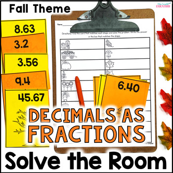 Preview of Writing Decimals as Fractions - Solve the Room Fall Math Activity - 4th Grade