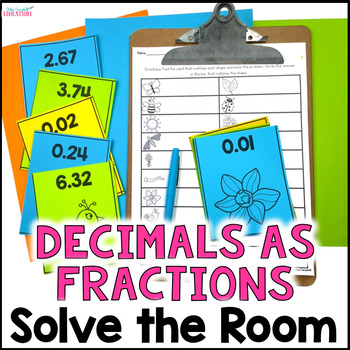 Preview of Writing Decimals as Fractions - Solve the Room Spring Math Games - 4th Grade
