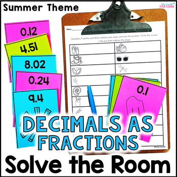 Preview of Writing Decimals as Fractions - Solve the Room Summer Math Activity - 4th Grade