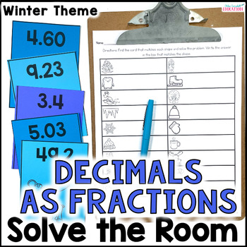 Preview of Writing Decimals as Fractions - Solve the Room Winter Math Activity - 4th Grade