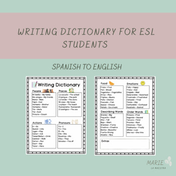 Preview of Writing Dictionary Spanish to English | Writing and Vocabulary ESL Support