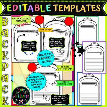 Preview of Writing EDITABLE Templates for Booklet Activity Backpack shape (set #2)