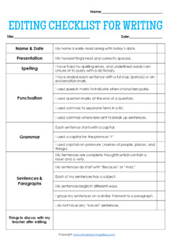 Editing Checklist, Revising for all Writing | Sentences, Paragraphs ...