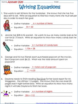 Writing Equations From Word Problems ~ Common Core 7.EE 6.EE by Laura