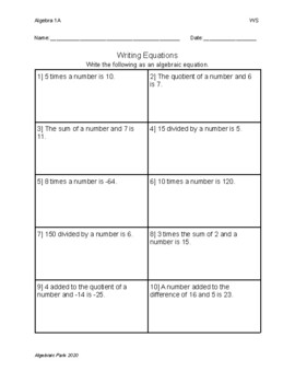 Preview of Writing Equations Worksheet