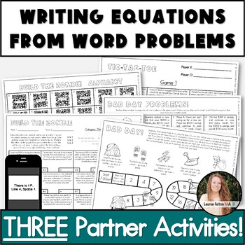 Preview of Writing Equations from Word Problems Activity Partner Pack 8th Grade