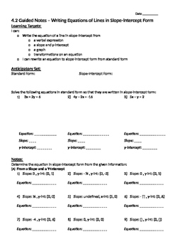 Preview of Writing Equations in Slope-Intercept Form - Notes