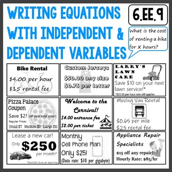 Preview of Writing Equations with Independent and Dependent Variables 6.EE.9