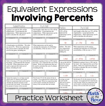 Preview of Expressions and Percents - Worksheet (7.EE.2)
