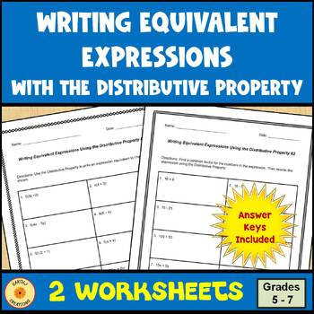 Preview of Distributive Property Worksheets Writing Equivalent Expressions