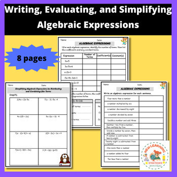 Preview of Writing, Evaluating, and Simplifying Algebraic Expressions Practice Worksheets