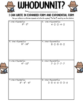 Preview of Writing Exponents in Expanded Form and Exponential Form Editable Whodunnit