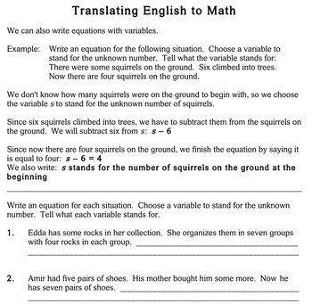 writing expressions equations 5th grade worksheets individualized math