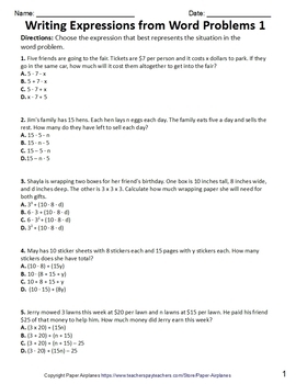 writing expressions from word problems worksheet packet by paper airplanes