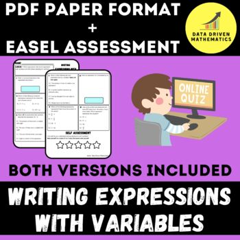 Preview of Writing Expressions with Variables Quiz - PDF + Easel Assessment Ready - 6.EE.2a