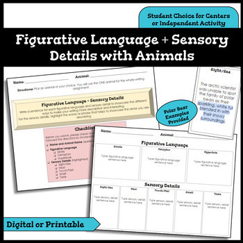 Preview of Writing Figurative Language & Sensory Details with Animals