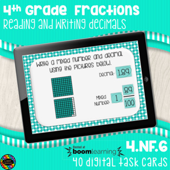 Preview of Writing Fractions/Decimals w/Pictures Task Cards Distance Learning Boom Cards