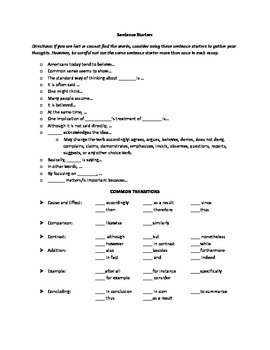 Preview of Writing Help Sheet: Sentence Starters, Transitions, and Body Paragraph Guide