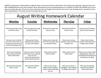 Preview of Writing Homework Calendar