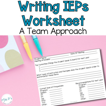 Preview of Writing IEP Goals Worksheet For A Team Approach