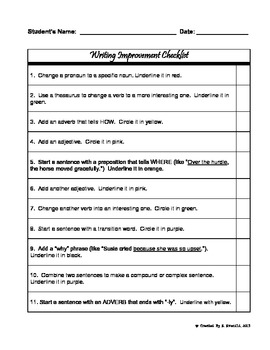 Preview of Writing Improvement Checklist / Rubric
