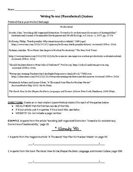 Preview of Writing In-text (Parenthetical) Citations Practice Worksheet #1