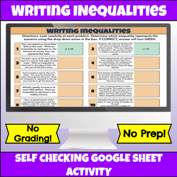 Preview of Writing Inequalities- Self Checking Activity