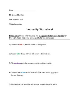 writing inequalities worksheet topic 4 homework answer key