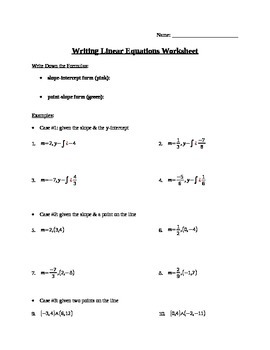 Writing Linear Equations Worksheet by Laurence Shauby  TpT