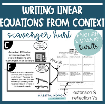 Preview of Writing Linear Equations from Context Scavenger Hunt | Spanish English Bundle