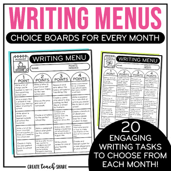 Preview of Writing Menus | Monthly Writing Choice Boards | Writing Prompts