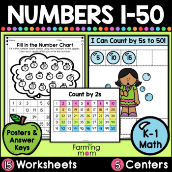 Preview of Counting and Writing Numbers to 50 Kindergarten Math Centers and Worksheets