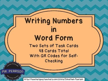 Preview of Writing Numbers in Word Form Task Cards - Two Sets 48 Cards - With QR Codes