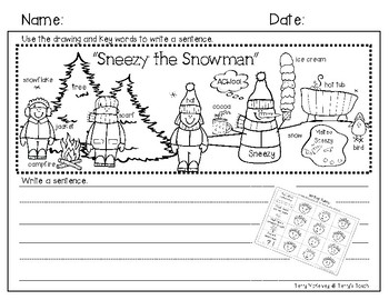 Preview of Writing Paper and Rubric "Sneezy the Snowman"