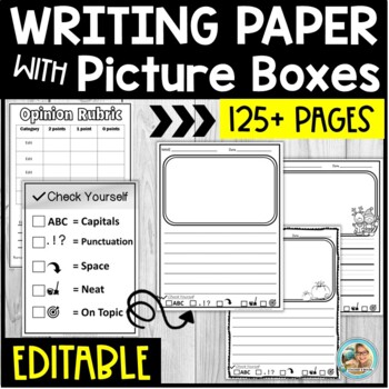 Preview of Primary Writing Paper with Picture Box | Themed Writing Paper | Self-Check